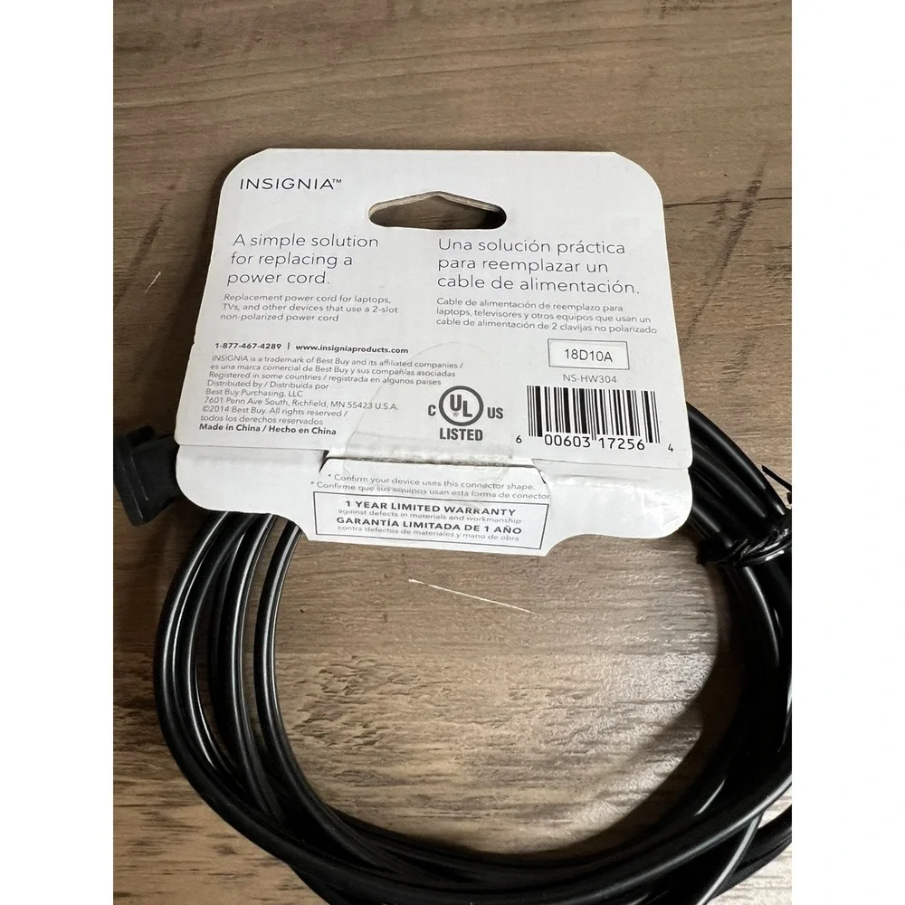 Insignia 2-Slot Nonpolarized Power Cord Black 6ft NS-HW304 Brand New